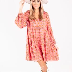 J.Marie Elena Block Print Long Sleeve Tie Neck Tiered Mini Dress Pink XS
